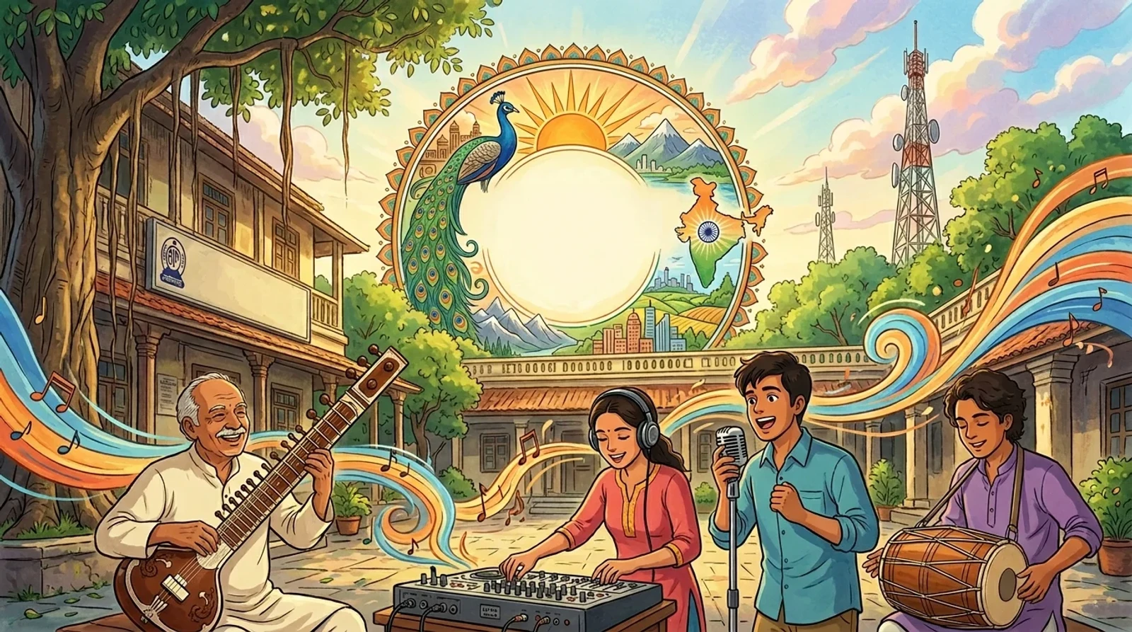 Digital illustration of the Akashvani logo with 90 years celebration elements