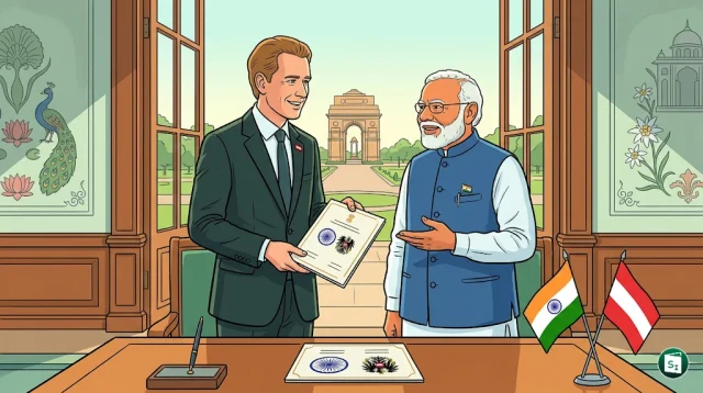 Austrian Chancellor Christian Stocker with Indian PM Narendra Modi during his visit to New Delhi