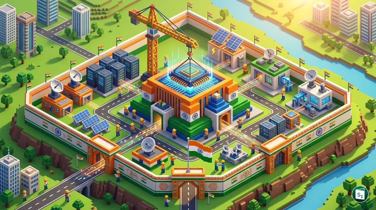 Digital representation of India's sovereign AI compute platform featuring indigenous chips and cloud infrastructure