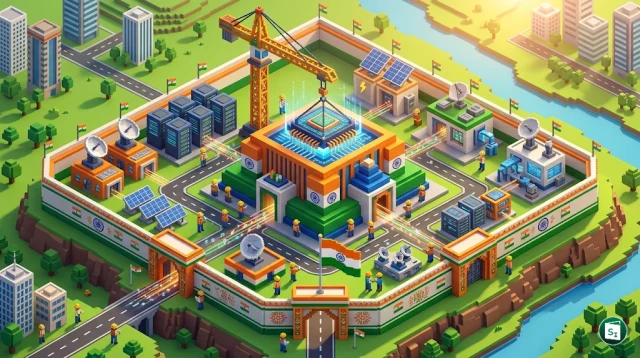 Digital representation of India's sovereign AI compute platform featuring indigenous chips and cloud infrastructure