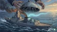 An artistic representation of a stealth naval vessel with advanced propulsion systems