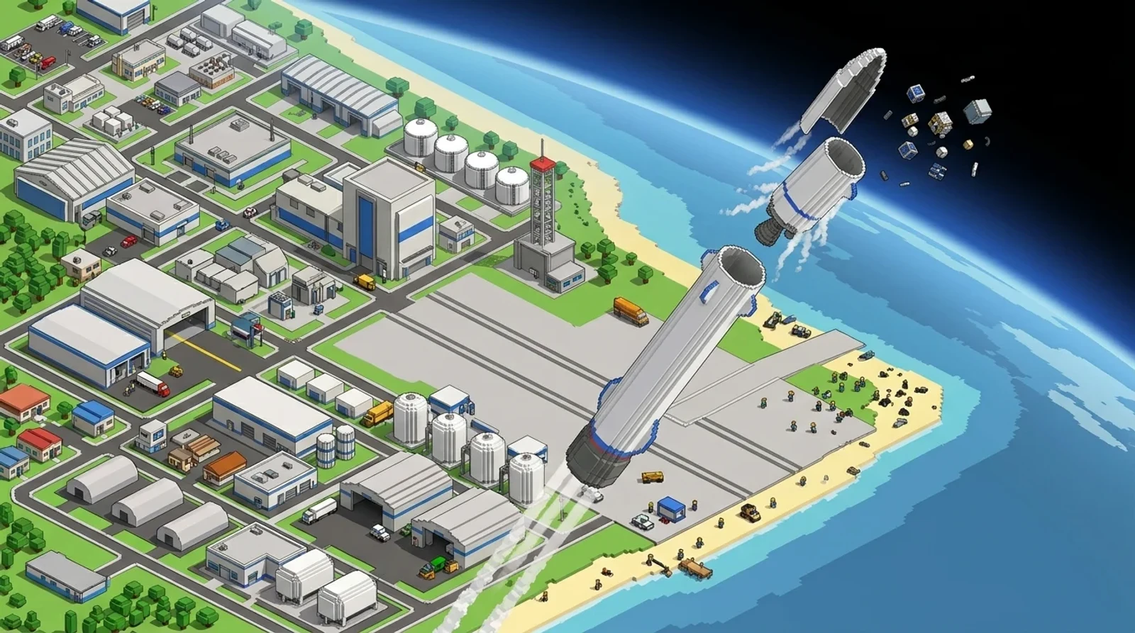 An illustration of a heavy-lift rocket during a night launch from Cape Canaveral