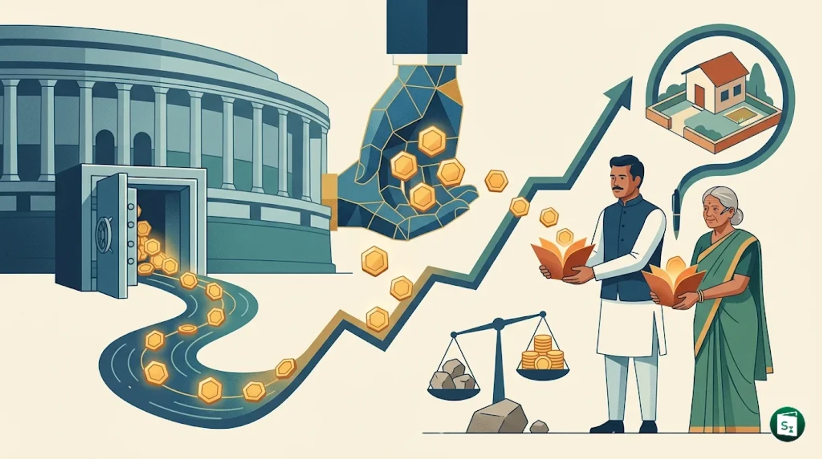 Digital illustration representing financial growth and government support for employees