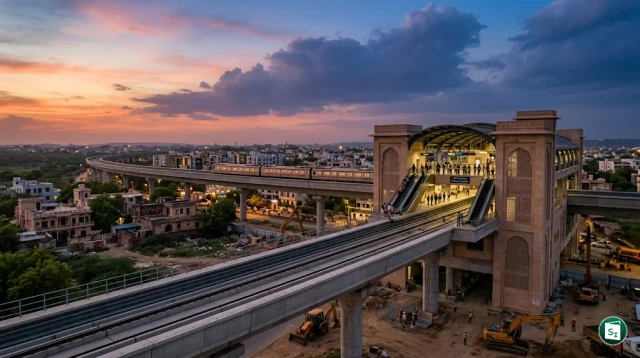 Digital illustration representing urban metro connectivity and a modern oil refinery complex