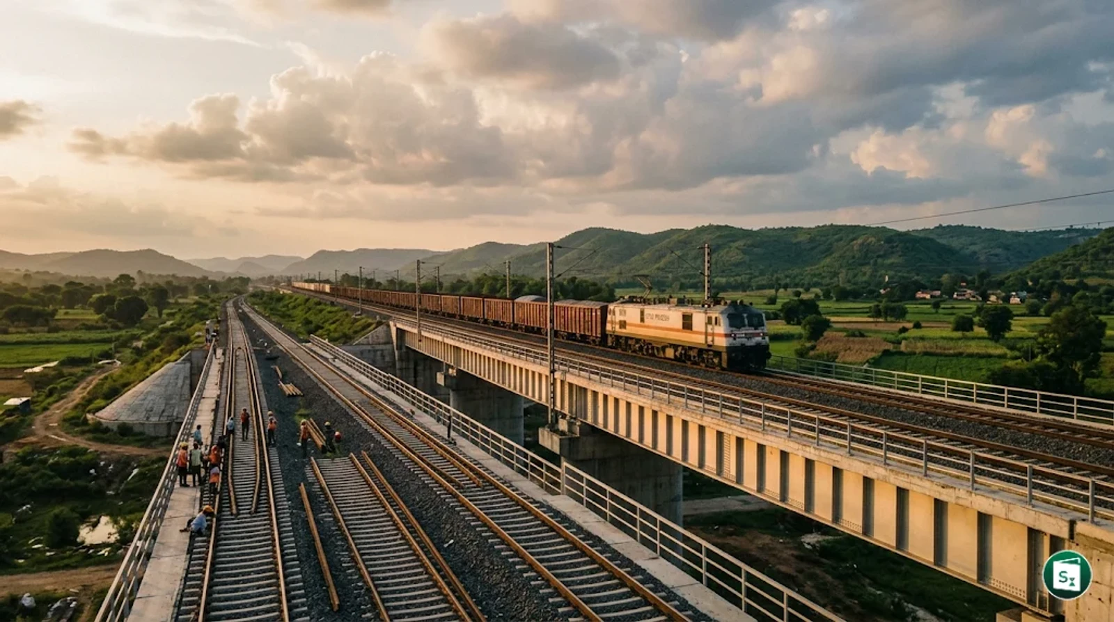 A high-speed train on a multi-track railway line representing infrastructure development
