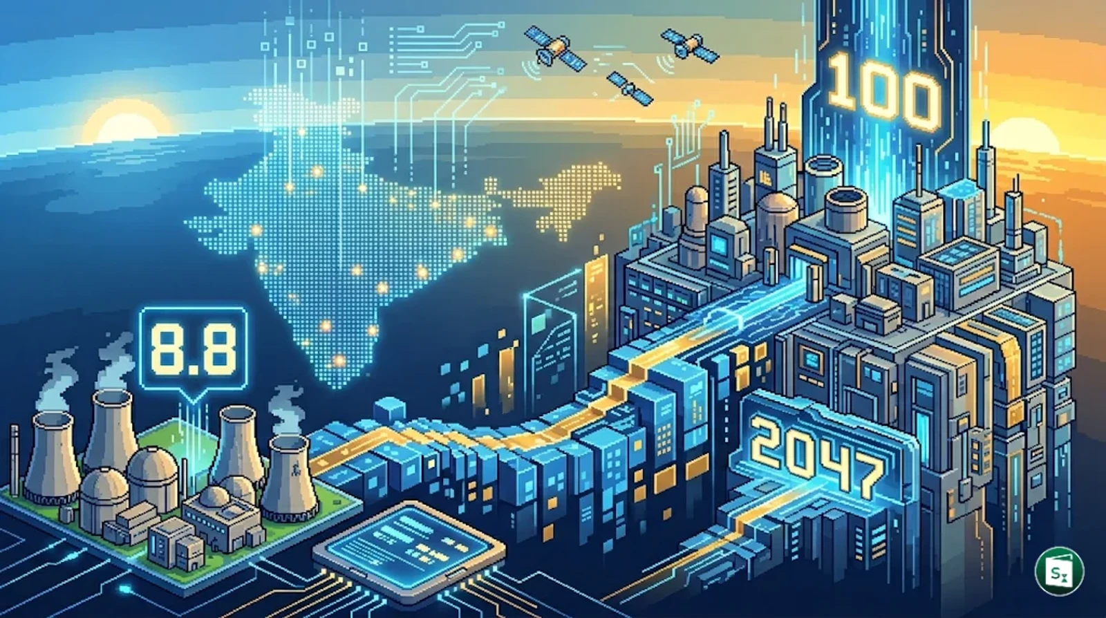 Nuclear power plant reactors against a clear sky, representing India's 100 GW nuclear capacity target by 2047