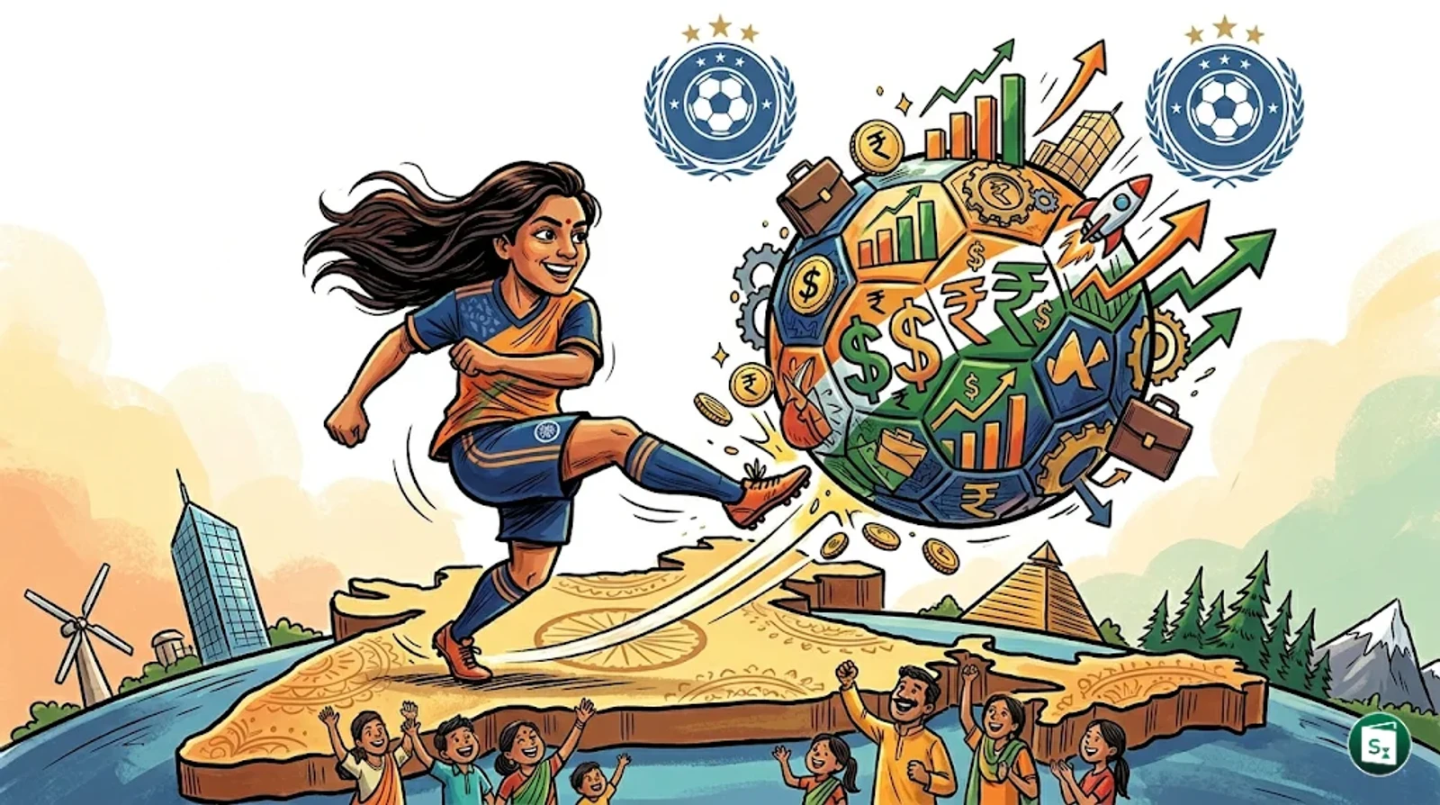 A symbolic representation of women's football development in India under FIFA's global initiative.