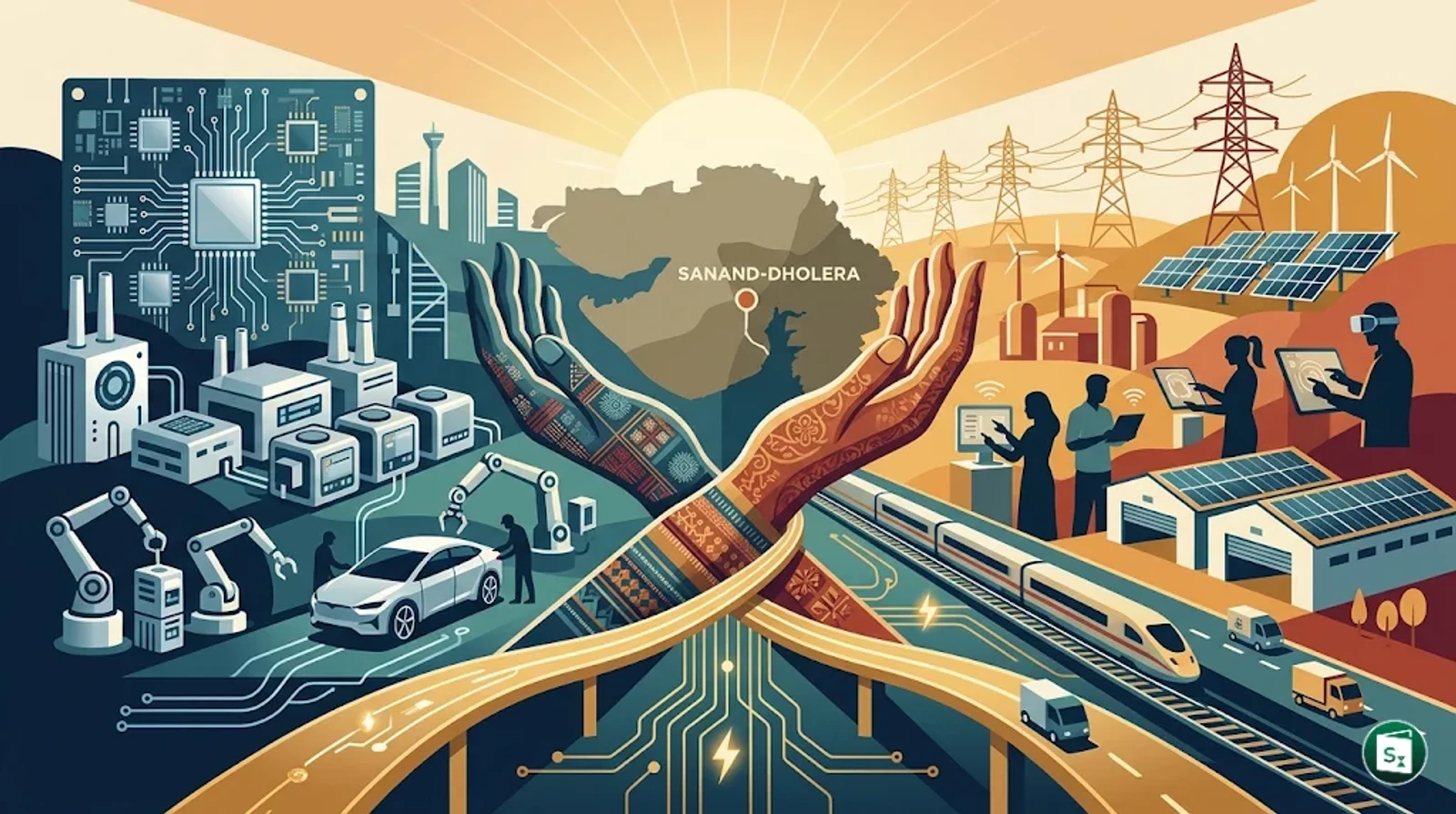 Digital representation of a modern industrial park with semiconductor and EV manufacturing units