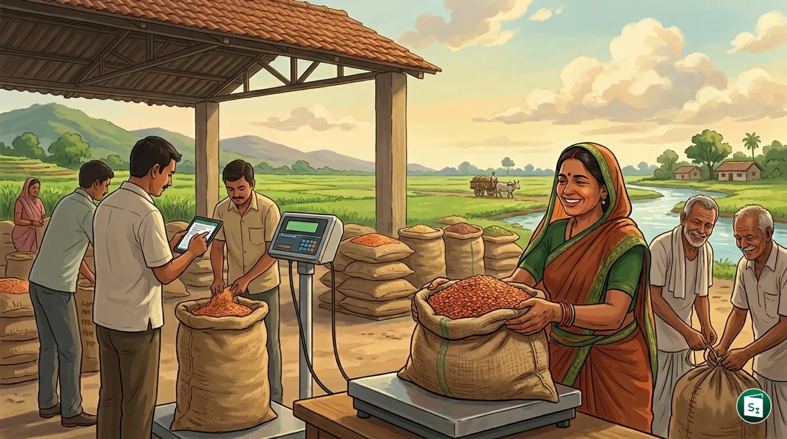 Farmers handling harvested pulses in a field