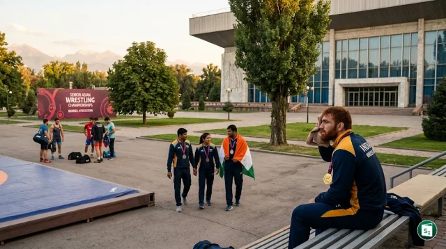 Indian wrestlers celebrating at the Asian Wrestling Championships in Bishkek