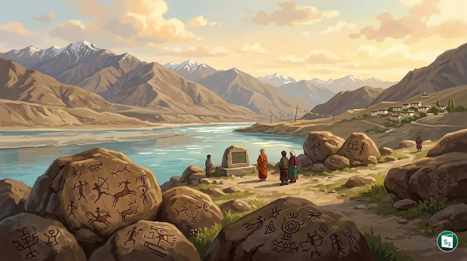 An artistic depiction of ancient petroglyphs on the rocky landscape of Ladakh near the Indus River.