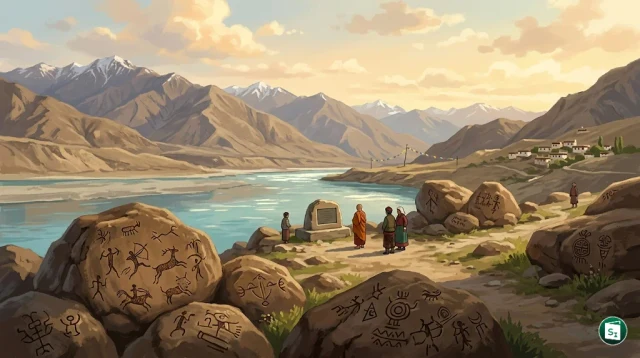 An artistic depiction of ancient petroglyphs on the rocky landscape of Ladakh near the Indus River.