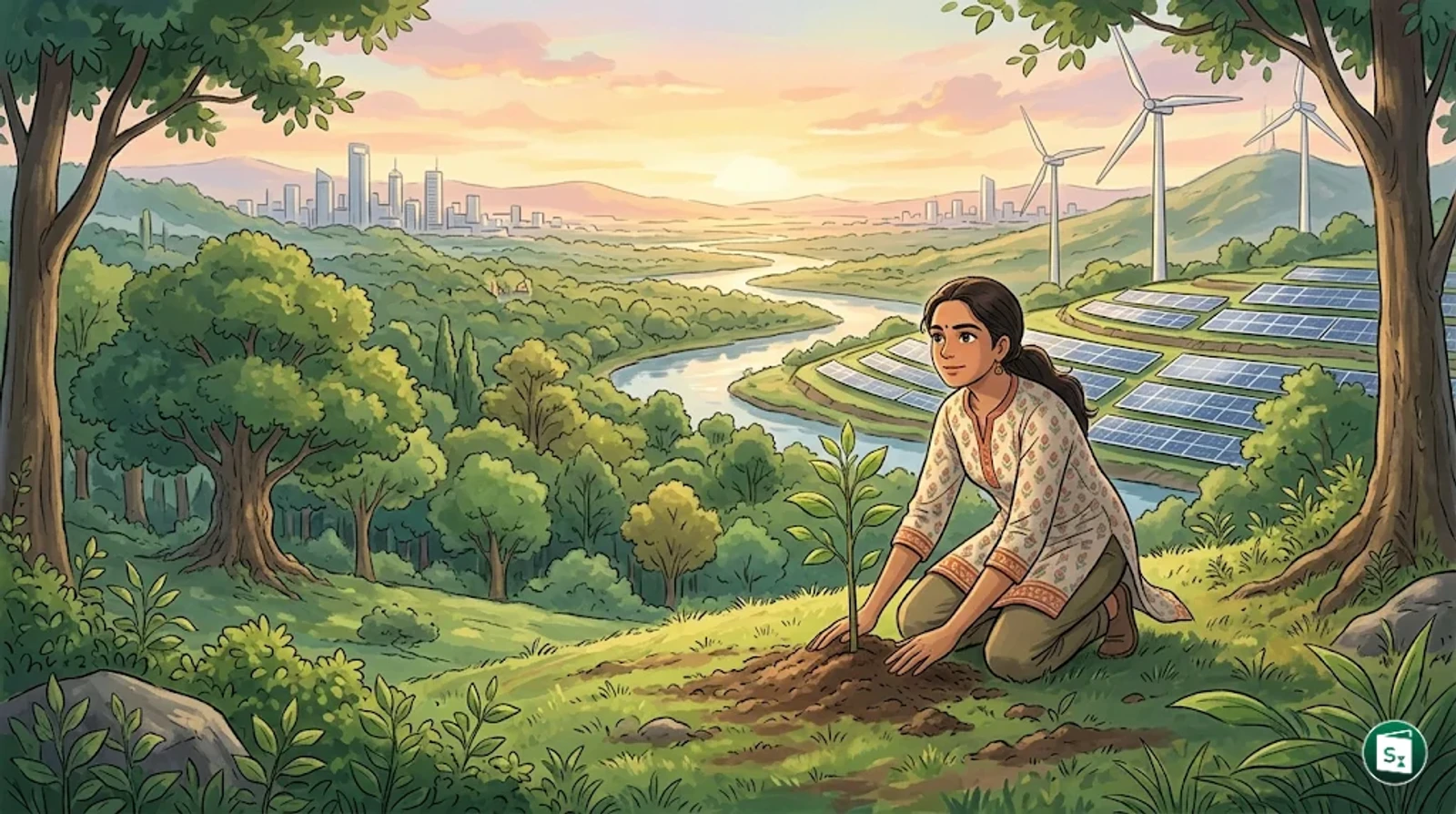 A solar farm integrated with a lush green forest representing India's climate goals