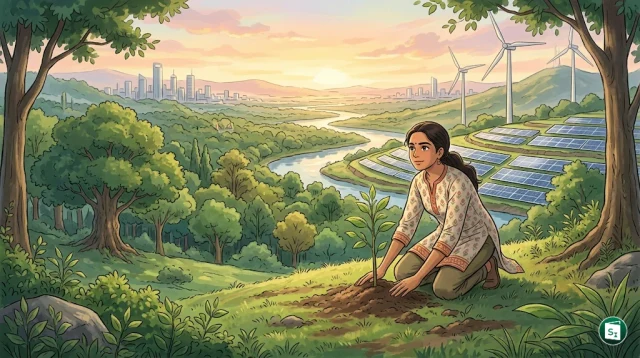 A solar farm integrated with a lush green forest representing India's climate goals