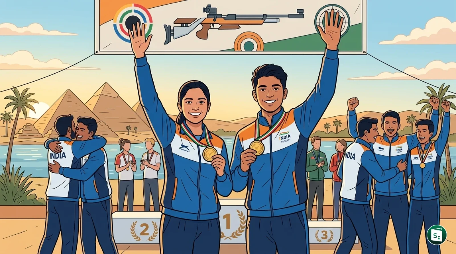 Indian Junior Shooting Team members celebrating their victory at the ISSF Junior World Cup 2026