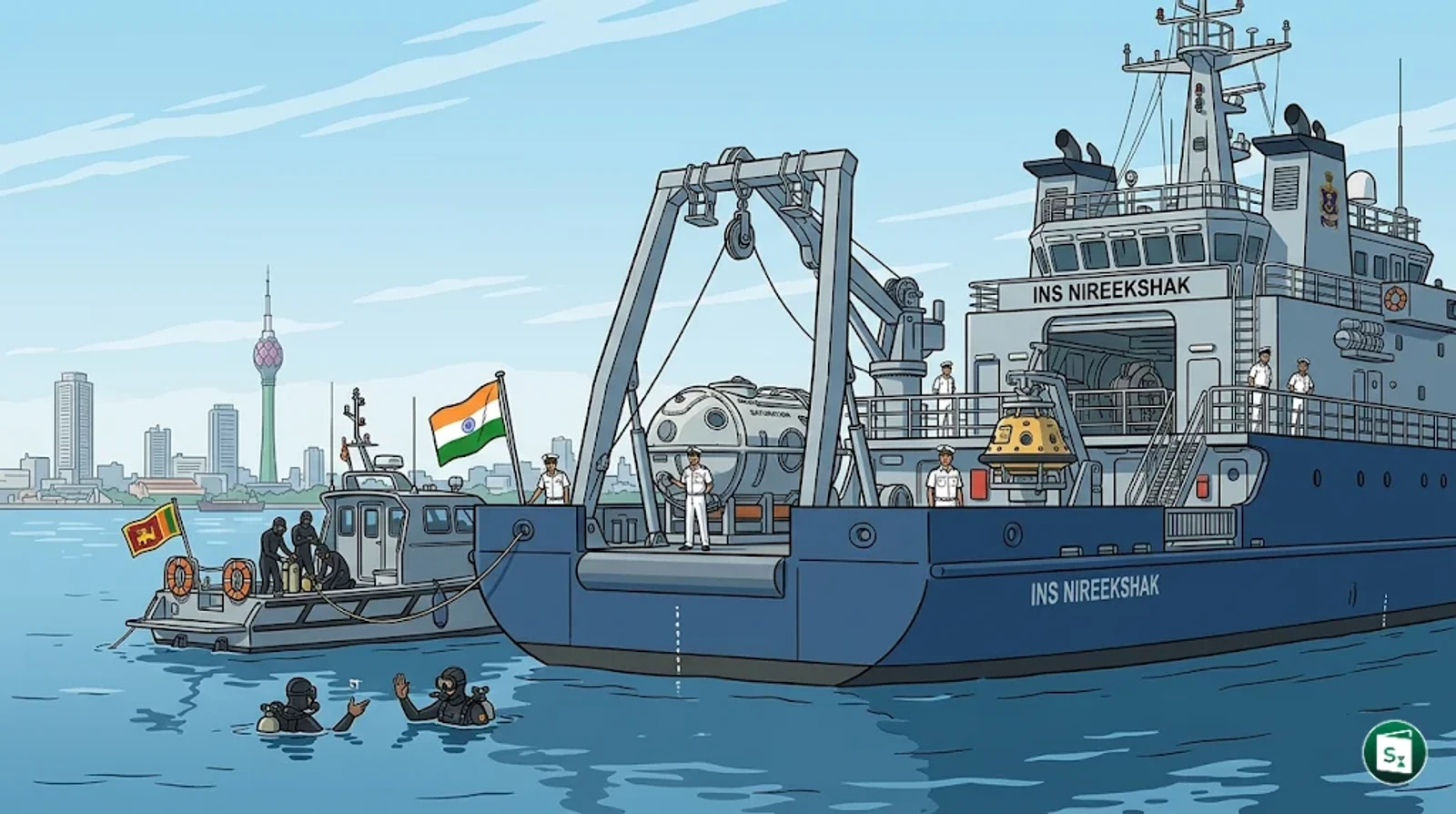 INS Nireekshak arriving in Colombo for IN-SLN DIVEX 2026