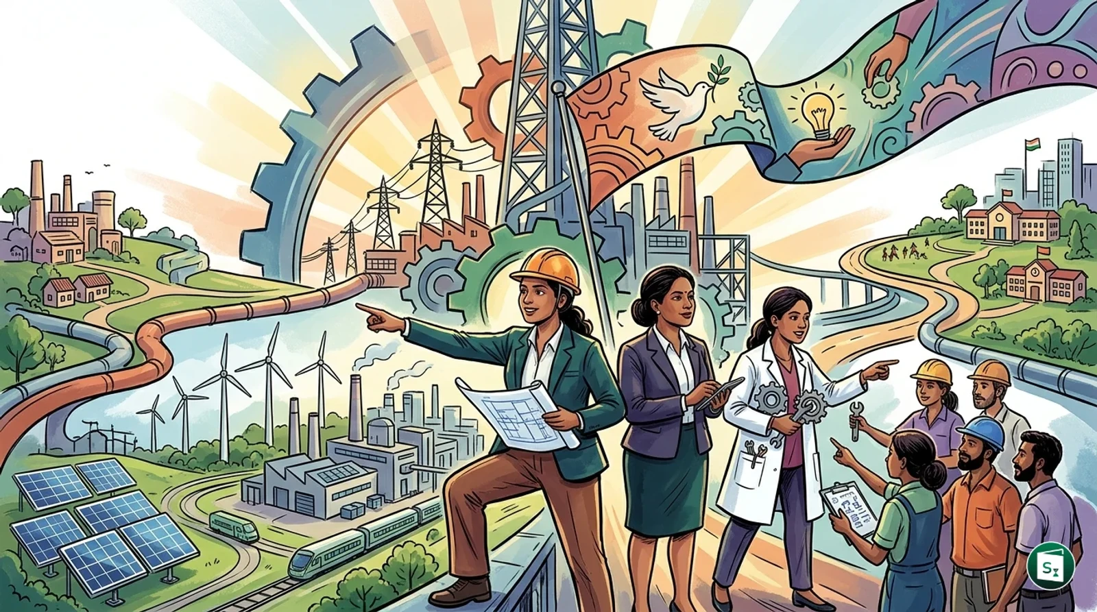 Illustration representing women leaders in industrial development
