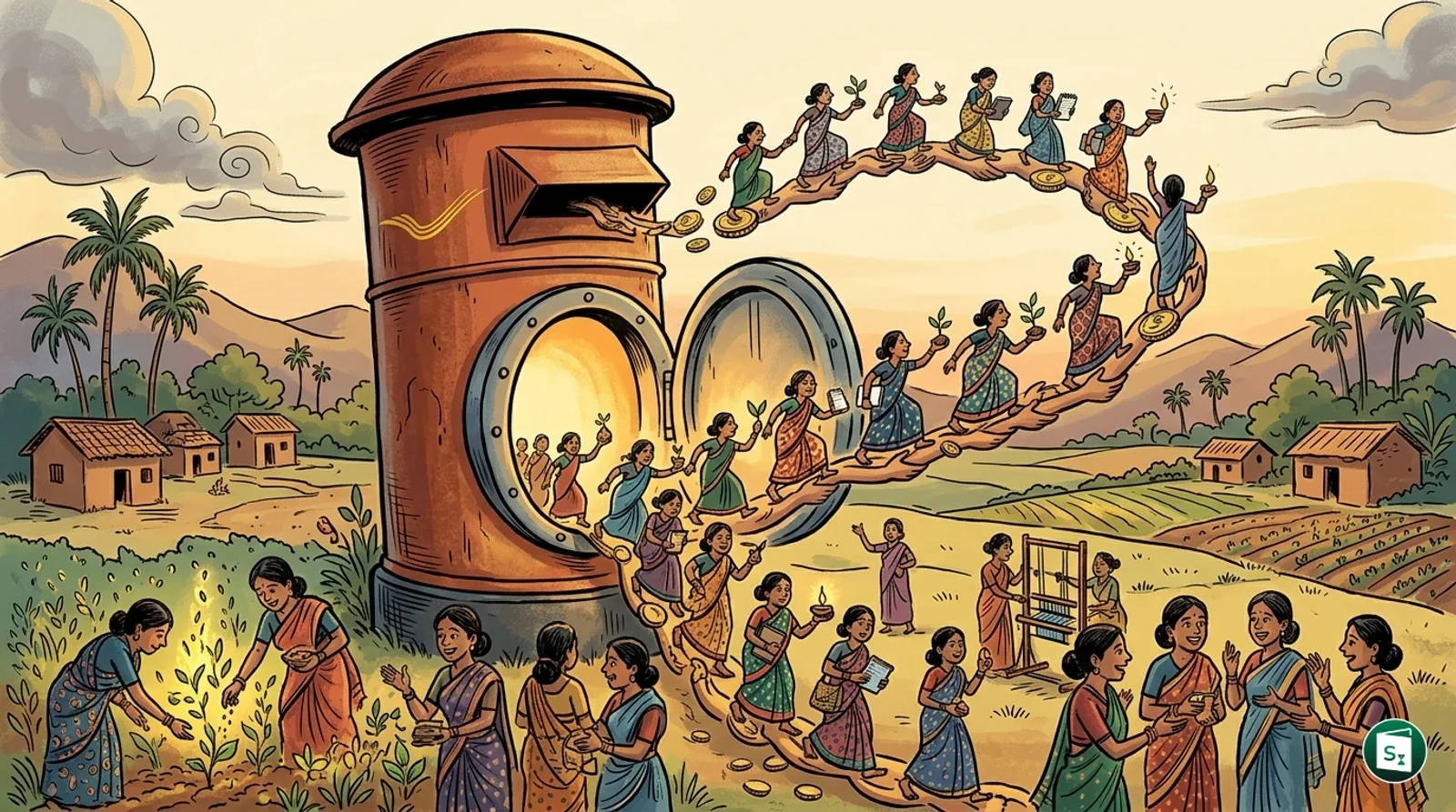 India Post Payments Bank logo and SHG members in a rural setting
