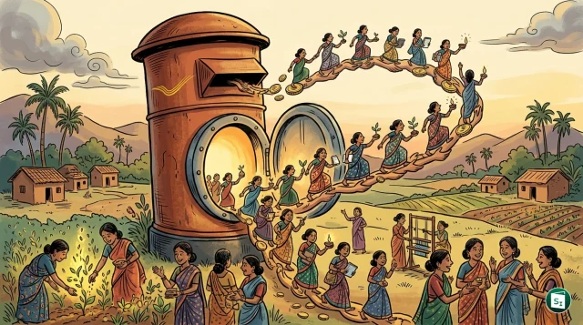 India Post Payments Bank logo and SHG members in a rural setting