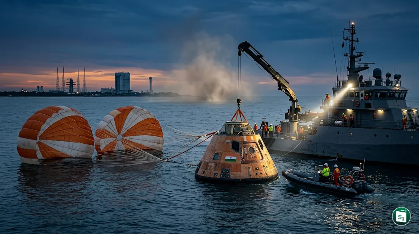 A simulated Gaganyaan Crew Module being dropped from an IAF Chinook helicopter for parachute testing