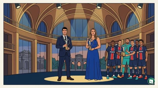 Carlos Alcaraz and Aryna Sabalenka posing with their Laureus statuettes in Madrid