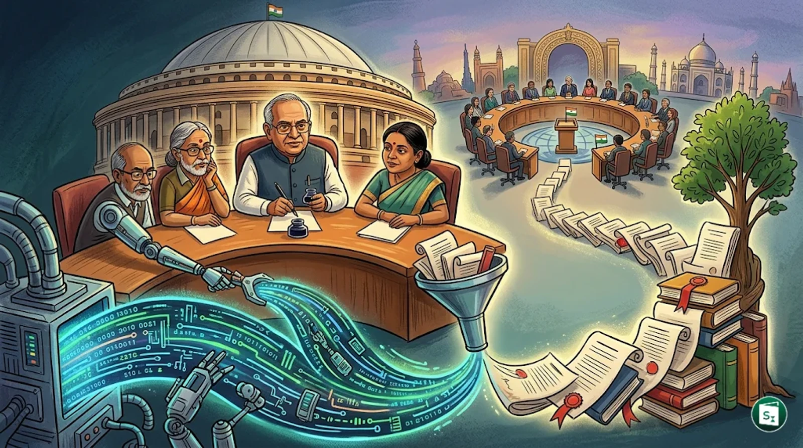 Digital representation of AI governance and government policy symbols