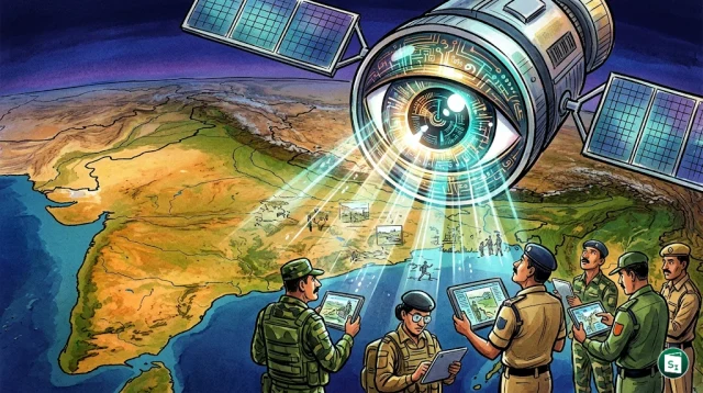 Digital representation of a satellite imaging system with AI data processing overlays