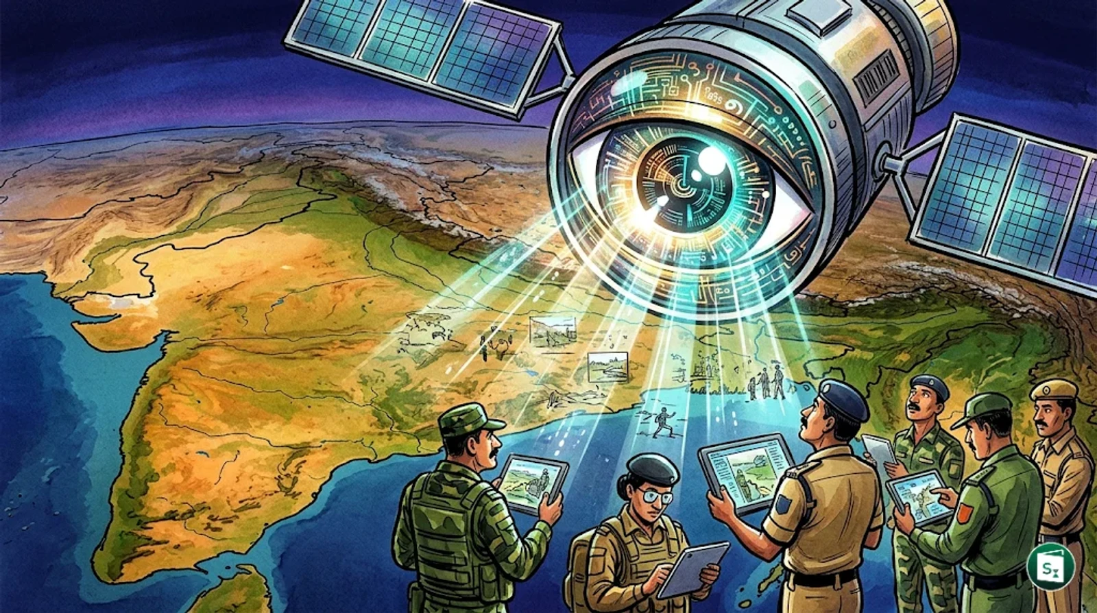 Digital representation of a satellite imaging system with AI data processing overlays