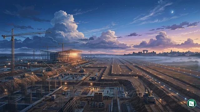 Aerial view of a modern airport terminal