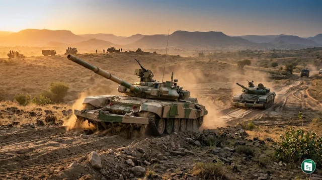 A battle tank equipped with mine-breaching equipment in a desert terrain