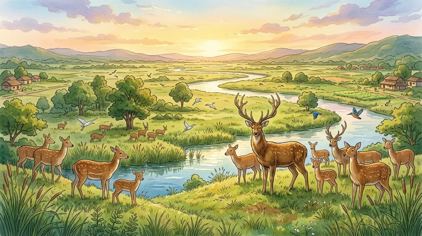 A scenic view of the Barasingha Wildlife Sanctuary showing its rich riverine and grassland ecosystem