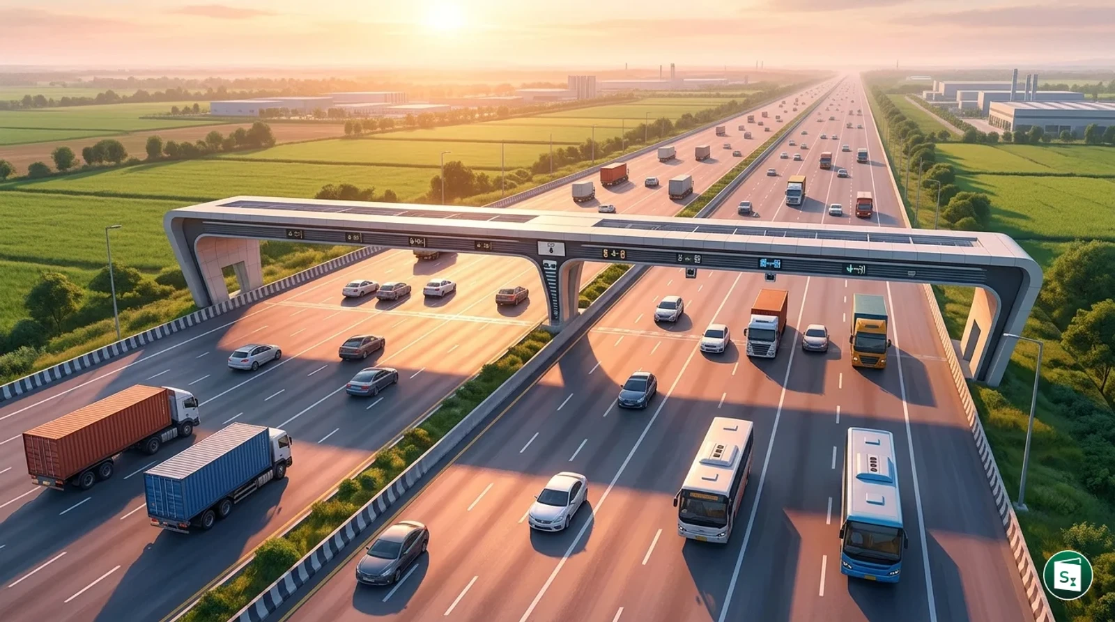 A high-speed highway gantry with electronic tolling sensors and cameras