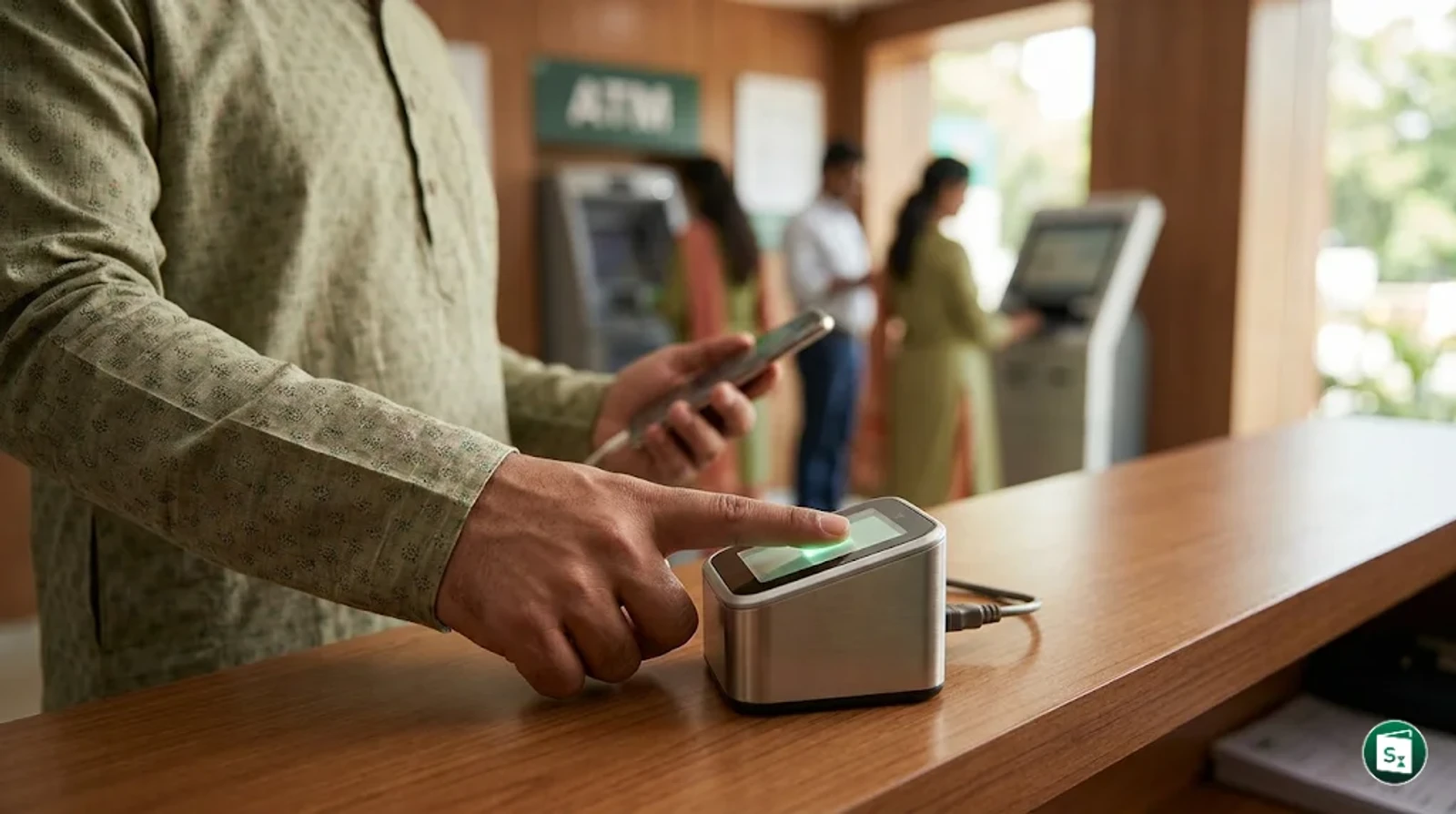 Digital payment security illustration showing biometric scanning on a smartphone for UPI transactions