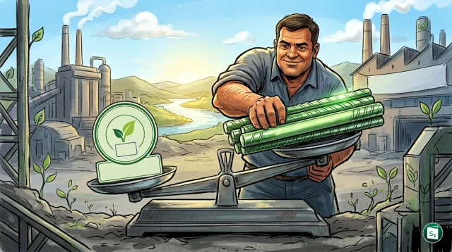 A high-tech steel manufacturing facility producing TMT rebars with a green ecology certification seal overlay