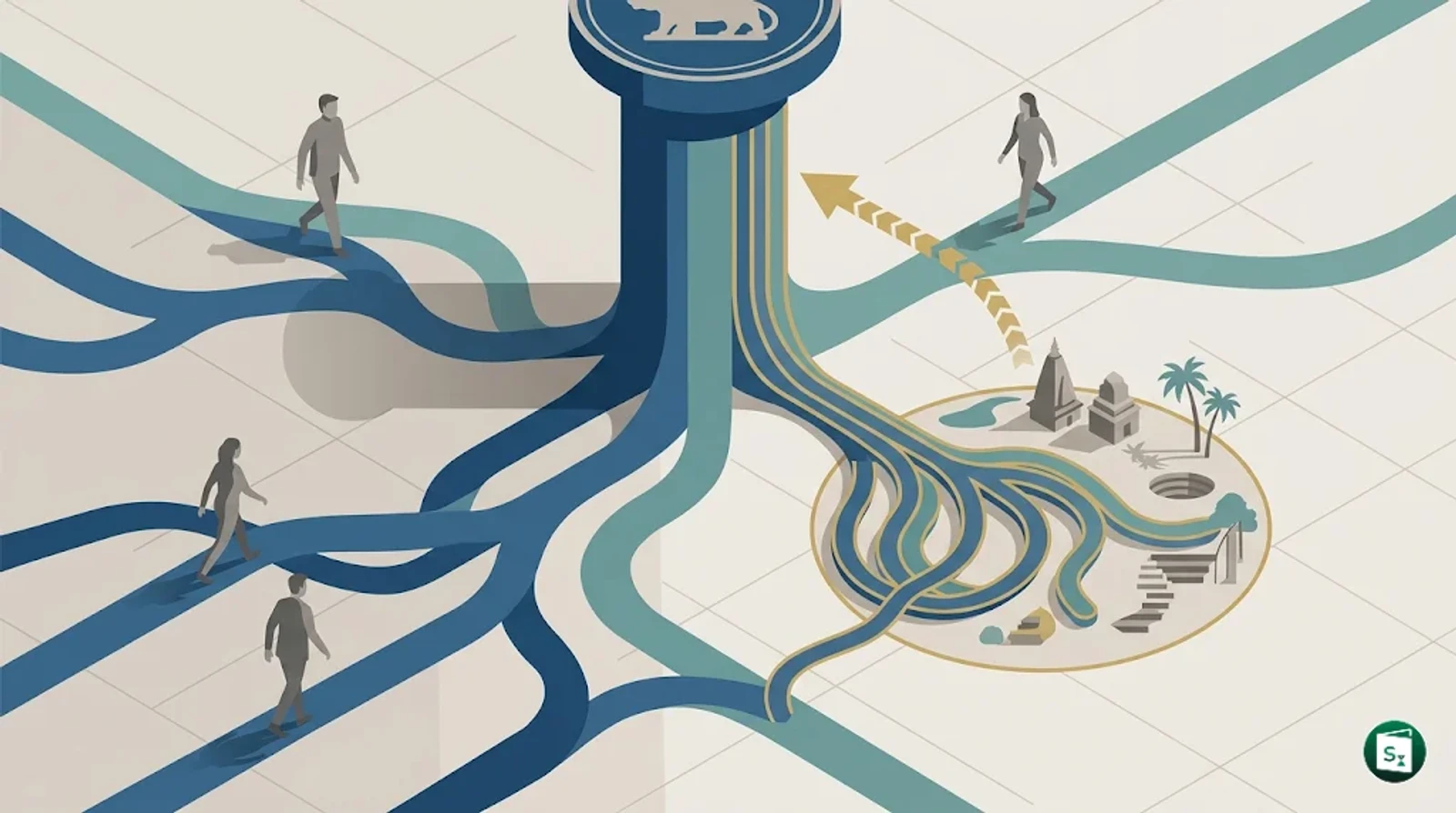 Representation of the Reserve Bank of India building and financial regulatory symbols