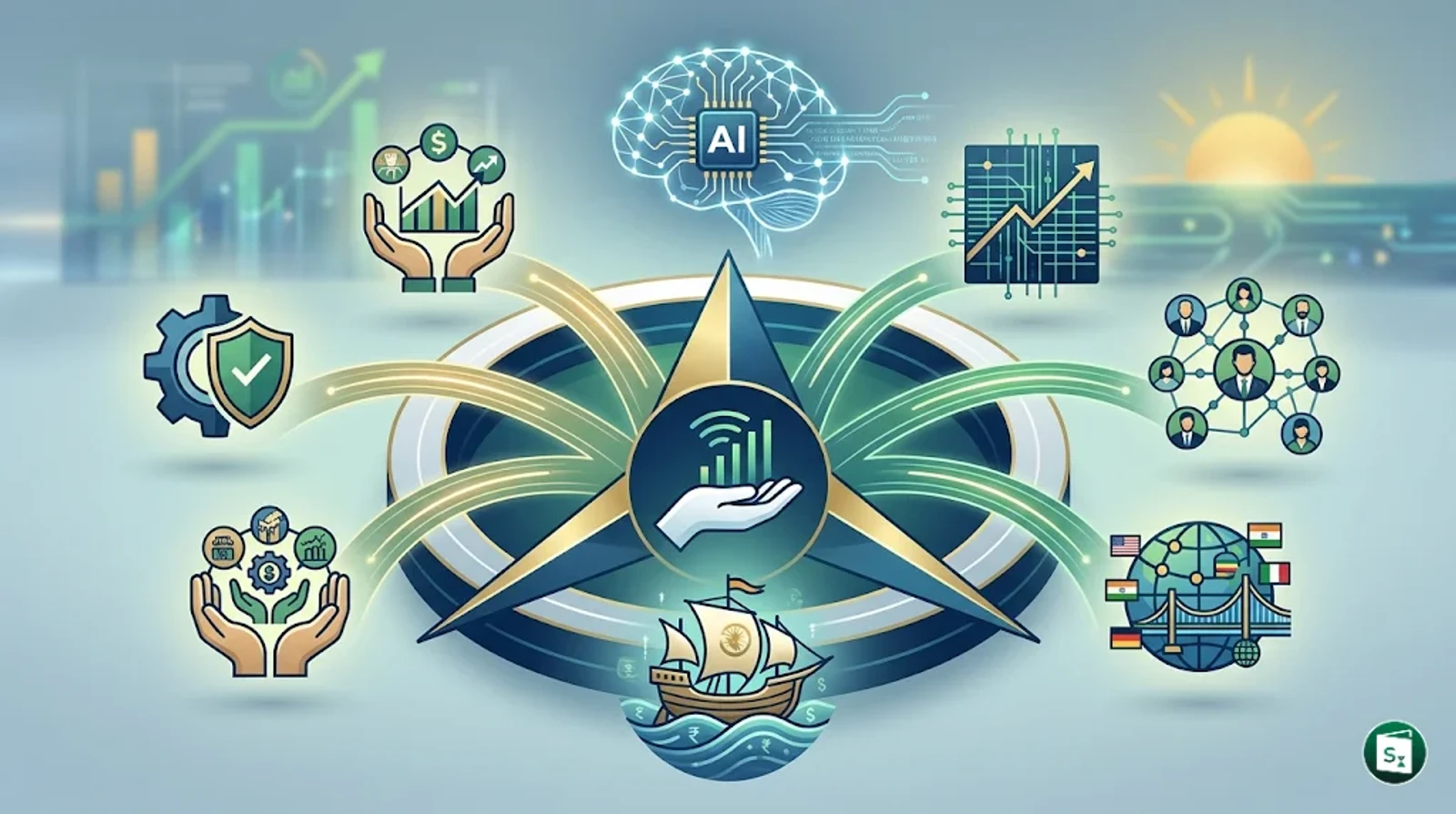 A symbolic representation of RBI's Utkarsh 2029 strategy framework with six pillars and digital financial elements.