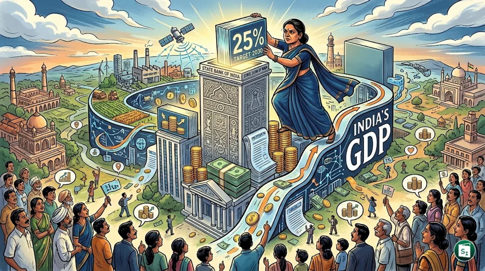 State Bank of India logo against a rising stock market graph