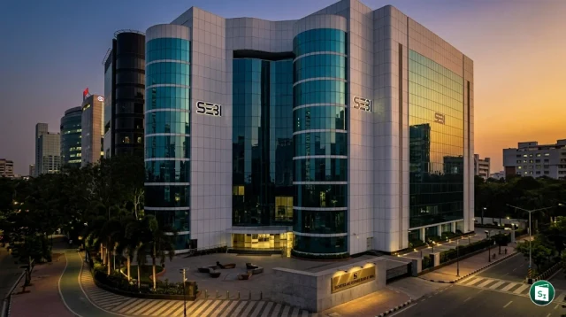 Representation of SEBI headquarters and Indian stock market symbols