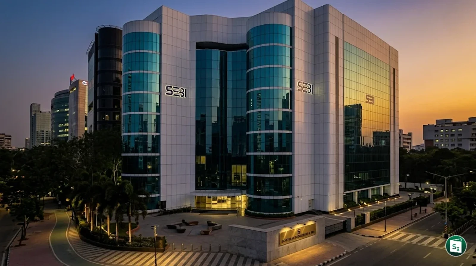 Representation of SEBI headquarters and Indian stock market symbols