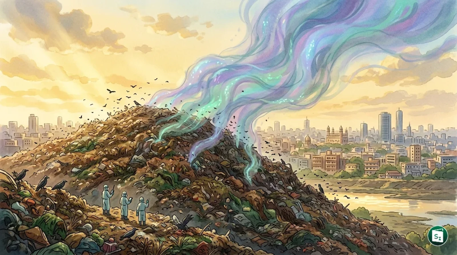 Satellite view conceptualizing methane plumes over a landfill site