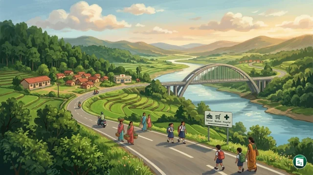 A rural road constructed under the PM Gram Sadak Yojana connecting a village to a market.