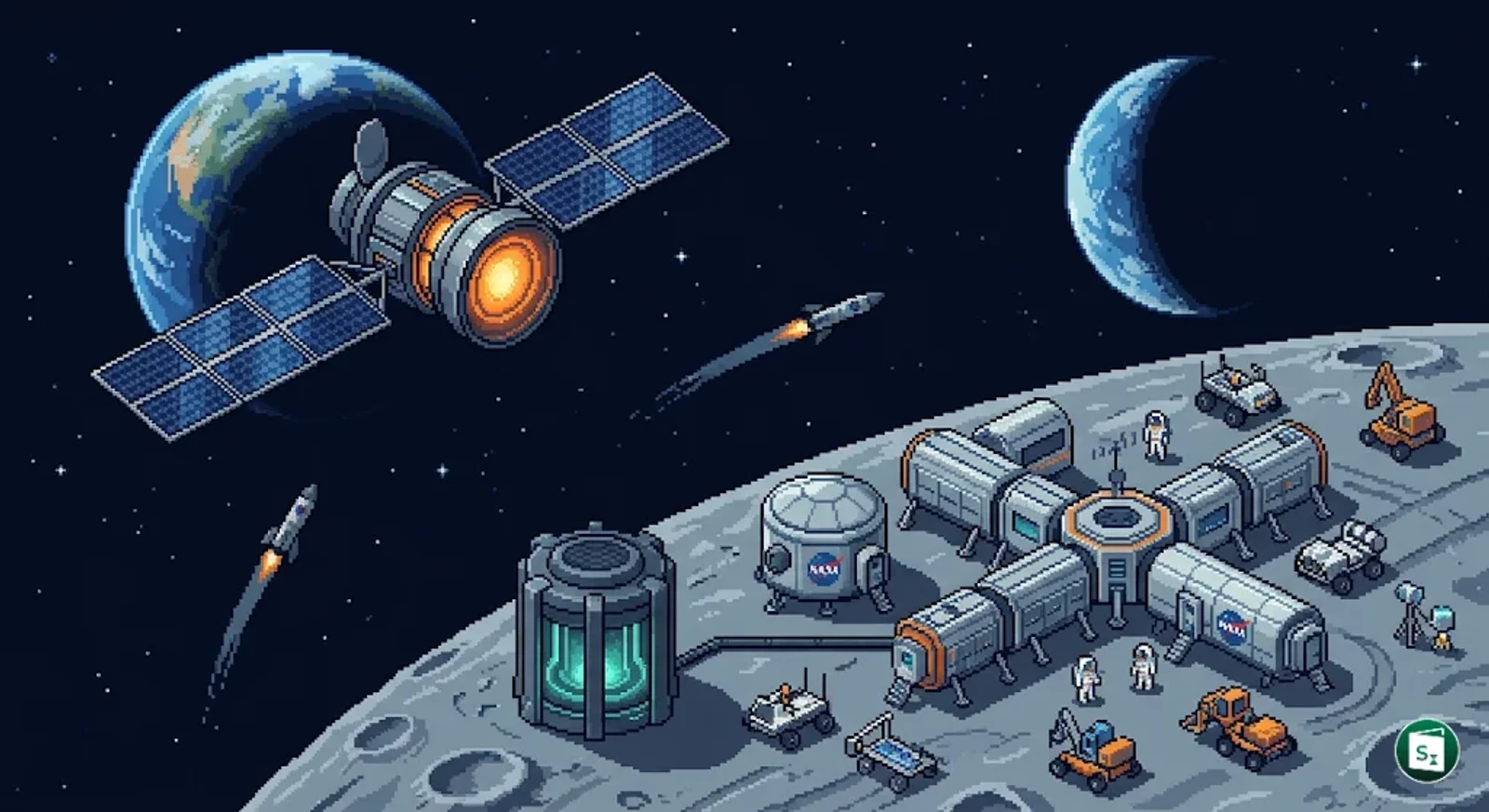 Digital illustration of a nuclear fission reactor deployed on the lunar surface under a starry space background